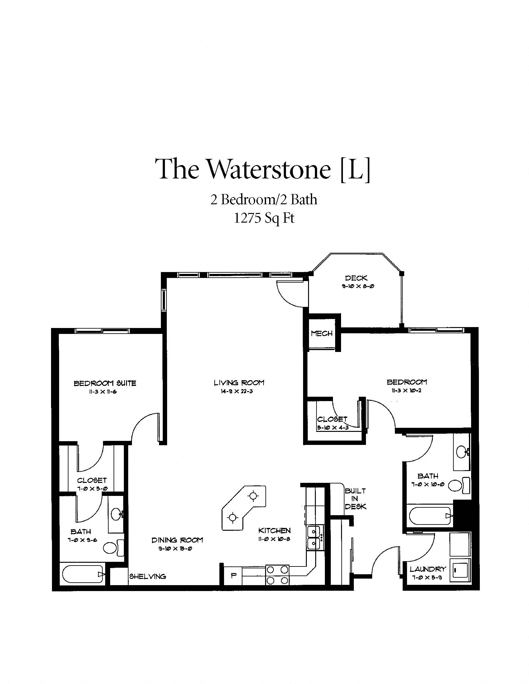 Floor plan for 2 beds, 2 baths, 1275 sqft